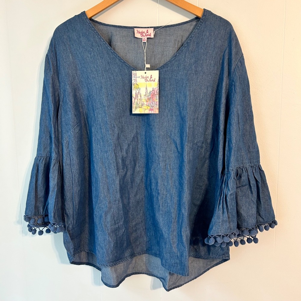Hester & Orchard Chambray Blue Denim Bell Sleeve Pom Pom Trim Top‎ Blouse